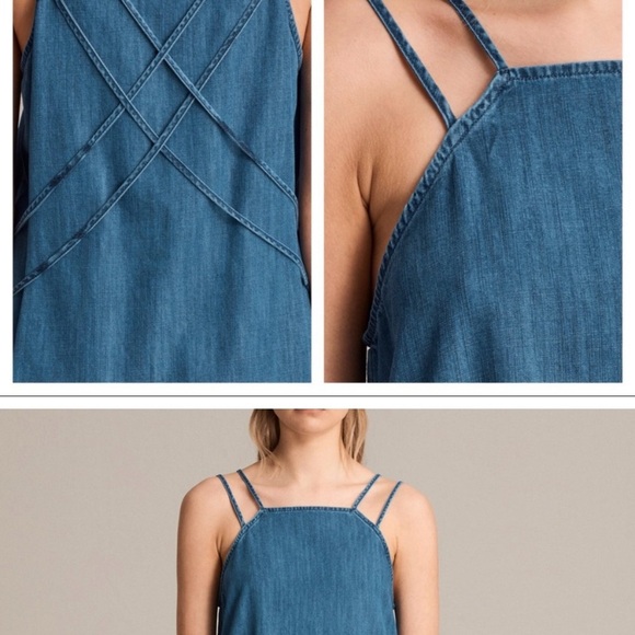 AllSaints Denim Mini Dress Small | Spaghetti Strap Halter Chambray Size Small - Picture 2 of 10